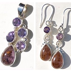 Boho Sterling Amethyst Cacoxenite Pendant Earrings